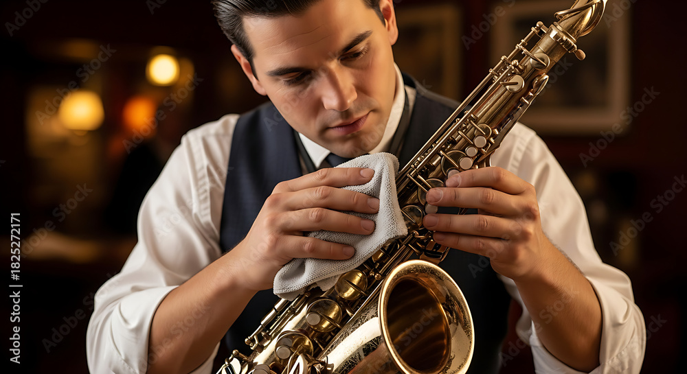 Obraz premium Professional musician carefully cleaning a shiny golden saxophone preparing for an elegant performance in a dimly lit jazz club