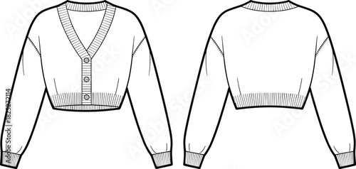 Cropped cardigan sweater fashion flat sketch, front and back view, V-neckline, three-button closure, ribbed cuffs and hem, black and white vector