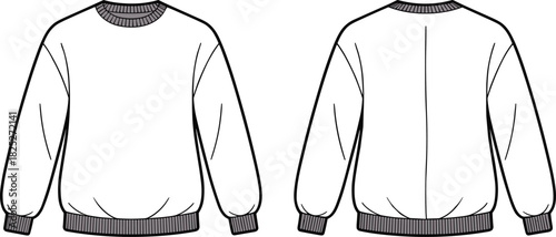 Crewneck sweatshirt fashion flat sketch, front and back view, ribbed neckline cuffs and hem, long sleeve garment, black and white vectorCrewneck sweatshirt fashion flat sketch, front and back view, ri