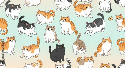 Whimsical Pattern of Diverse Playful Cats with Varied Colors and Expressions for Creative Design