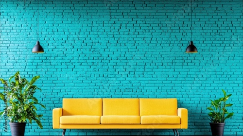 A bright yellow sofa sits in front of a vibrant turquoise brick wall, flanked by two potted green plants and illuminated by two black pendant lights. The scene