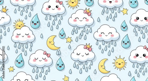 Adorable Cartoon Cloud and Weather Symbols with Playful Rain and Sun Elements in a Colorful