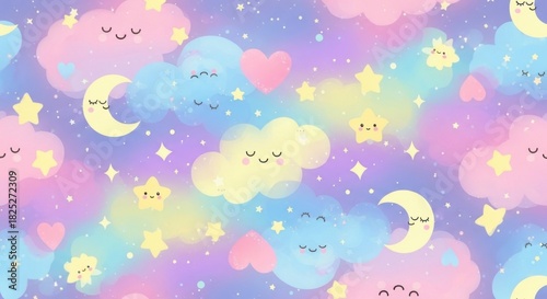 Whimsical Dreamy Cloud and Star Pattern with Soft Hearts and Crescent Moons Ideal for Children's