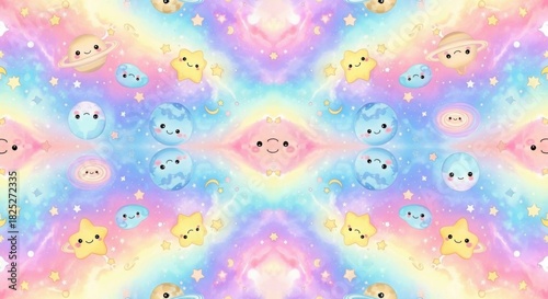 Whimsical pastel-colored celestial characters creating a dreamy universe scene