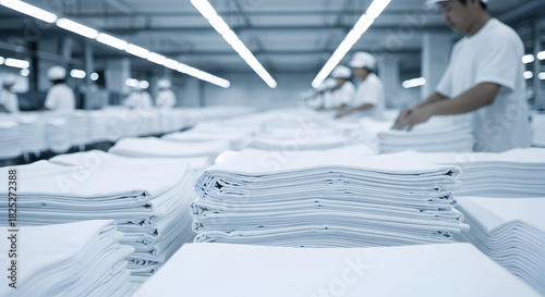 Industrial laundry process with neatly folded white linens and workers in background
