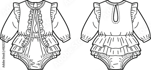 Baby romper vector set with front and back fashion sketch, layered ruffles, gathered sleeves, snap closure, and keyhole neckline for infantwear design
