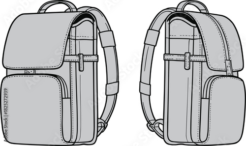 Backpack vector set with front and side fashion sketch, flap closure, zipper pocket, padded straps, and top handle for accessory design