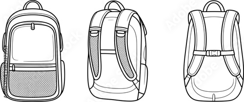 Backpack vector set, front and back views with mesh pocket, padded straps, ergonomic support, and zipper compartments for fashion and gear design