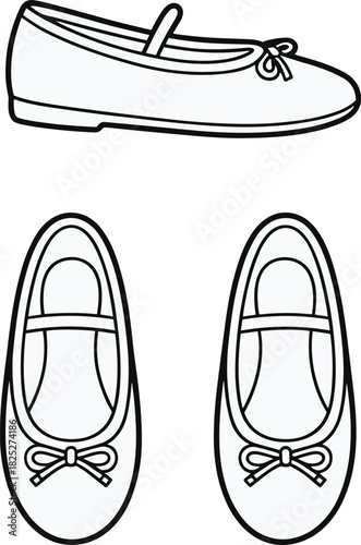 Ballet flat shoe vector set, side and top view fashion sketch with rounded toe, bow detail, strap design, footwear illustration for design