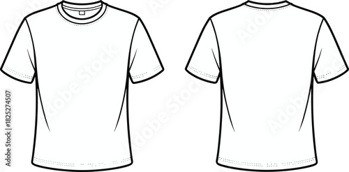 Basic crew-neck t-shirt vector set, front and back fashion sketch with short sleeves, standard stitching, blank apparel for design and customization