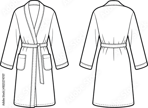 Bathrobe technical vector set, front and back fashion sketch with shawl collar, patch pockets, waist belt, long sleeves, garment design illustration