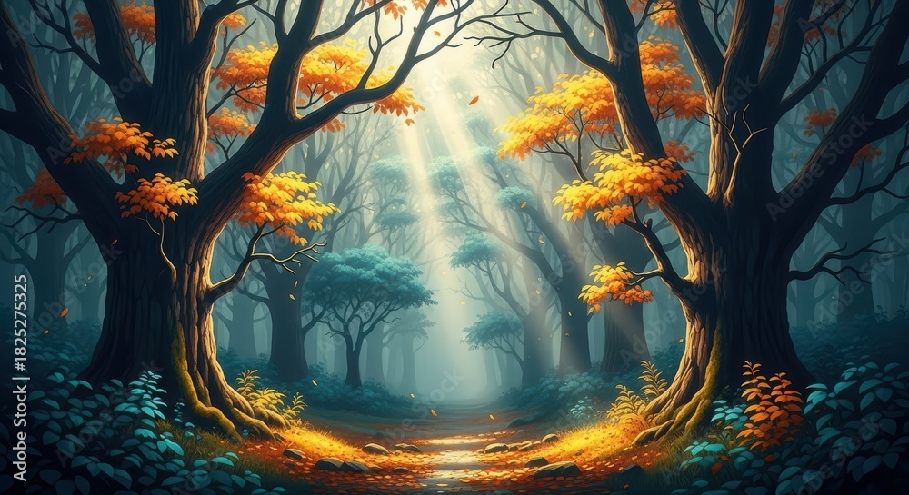 Fototapeta premium Enchanting forest path illuminated by ethereal sunbeams piercing through ancient, gnarled trees with vibrant orange autumn foliage creating a magical, mysterious gateway into the deep woods