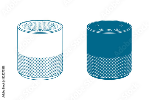 Two isometric line art illustrations of a smart speaker, one outline and one filled blue, representing voice assistant technology isolated on