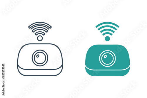 Set of two icons representing a wireless security camera or smart home device with a wifi signal, shown in outline and solid teal color, isolated on