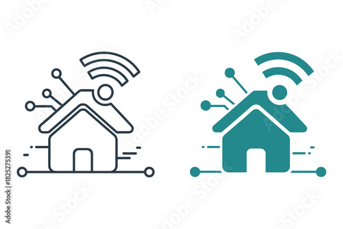 Smart home technology icon set showing two versions, outline and filled teal color, representing wireless connectivity and automation for modern living isolated on