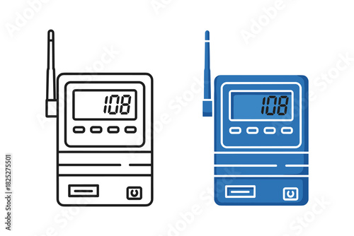 Two styles of portable two way radio transceiver icon, one outline and one filled blue color, displaying frequency 108 on digital screen, isolated on