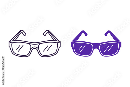 Two pairs of sunglasses, one outline drawing and one solid purple icon, representing eyewear fashion accessory, isolated on