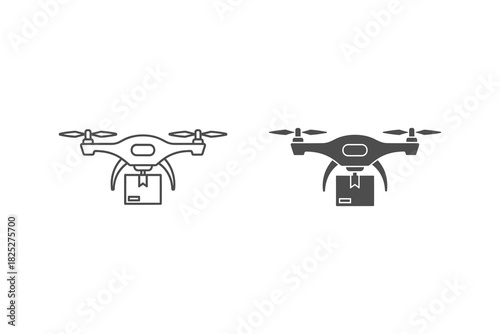 Two styles of drone delivery icon, one outline and one filled silhouette, illustrating modern logistics and package transport by unmanned aerial vehicle, isolated on