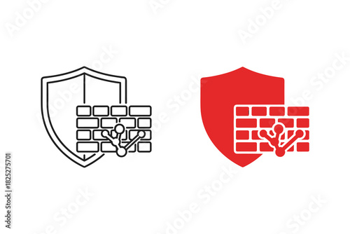 Set of two firewall icons representing network security and protection, one outline and one solid red, isolated on