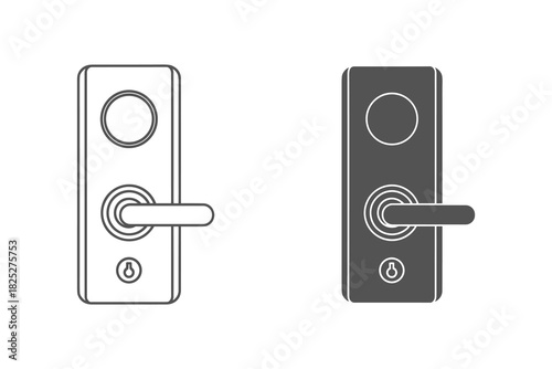 Set of two modern smart door lock icons, one outline and one filled silhouette, representing keyless entry security technology isolated on