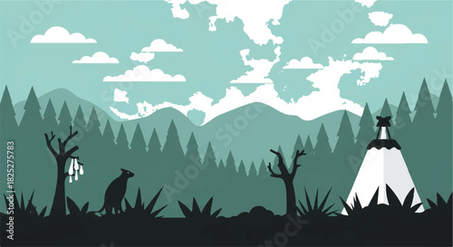 Lone wolf howling at the moon near a teepee in a forest.