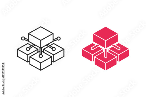 Isometric icon set representing a blockchain or decentralized network structure with four connected cube nodes, shown in both outline and solid red style, isolated on