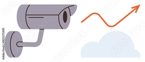 Security camera observing upward trend line with a cloud, symbolizing growth, surveillance, and data analysis. Ideal for technology, security, analytics, growth, cloud computing data monitoring