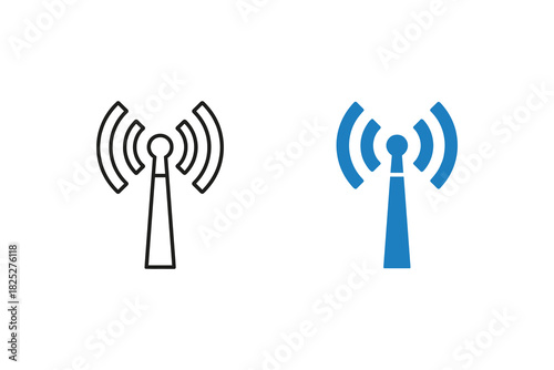 Set of two communication tower icons representing wireless signal transmission, one outline and one filled blue, isolated on