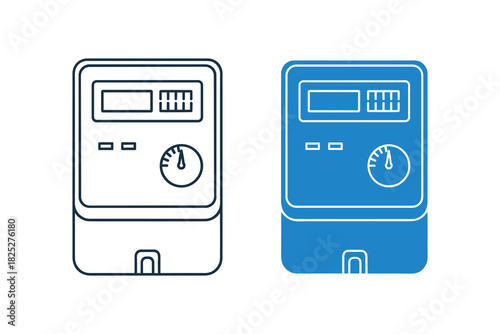 Set of two electricity meter icons, one outline and one filled blue, representing energy consumption measurement and utility service technology isolated on