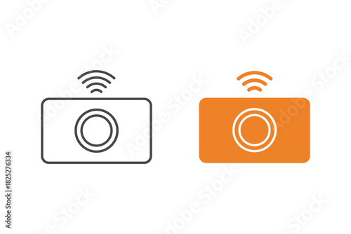 Set of two simple icons representing a wireless security camera or sensor device, one outline style and one filled orange style, isolated on