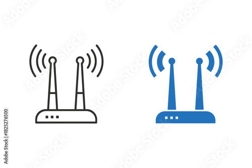 Two styles of wireless router icon, one outline and one solid blue, representing internet connection and network signal transmission isolated on