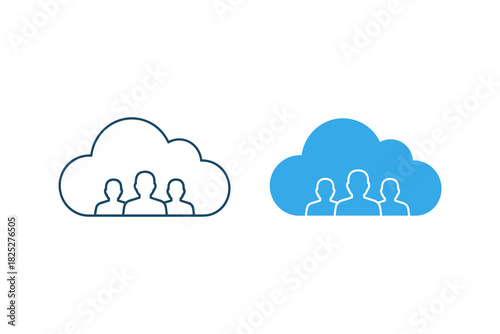 Set of two cloud computing icons representing team collaboration and user group storage in the digital network, isolated on