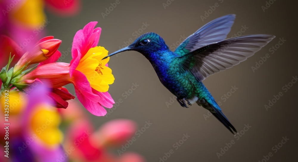 Fototapeta premium Hummingbird feeding on colorful flowers