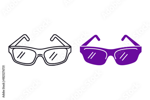 Set of two sunglasses icons, one outline and one solid purple color, representing eye protection and style, isolated on