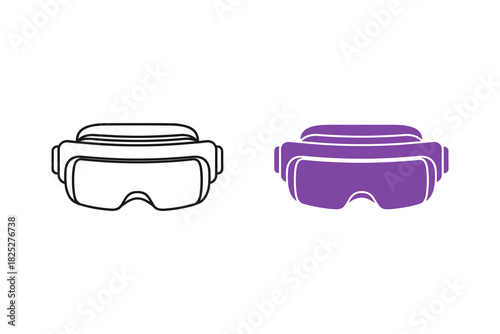 Set of two virtual reality headset icons, one outline and one solid purple, representing modern immersive technology and digital entertainment isolated on