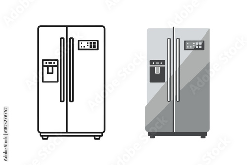 Two side by side refrigerator icons, one outline and one filled with gray color, modern kitchen appliance with water and ice dispenser isolated on