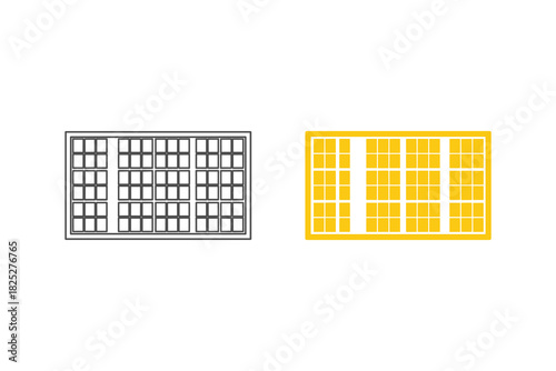 Two solar panel icons, one black and white line art and one solid yellow, representing renewable energy technology and photovoltaic cell array design element isolated on