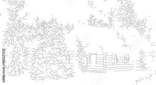 Detailed sketch of a rustic wooden cabin nestled among trees.