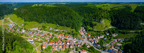 Aerial view of the village Seeburg in Germany on a sunny day in Spring