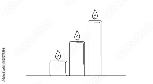 Three stylized candles in varying heights line art design