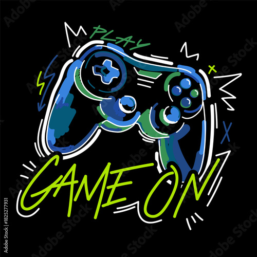 Illustration print for t-shirt with game joystick. Vector illustration for boys. Gamer design t-shirt