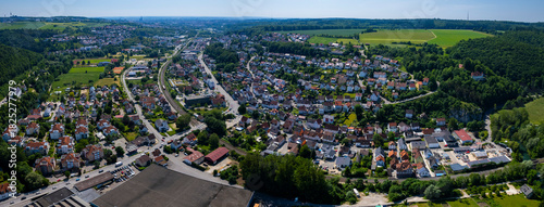 Aerial panorama view of the old town and city Blaustein in Germany, Bavaria on a sunny noon spring day
