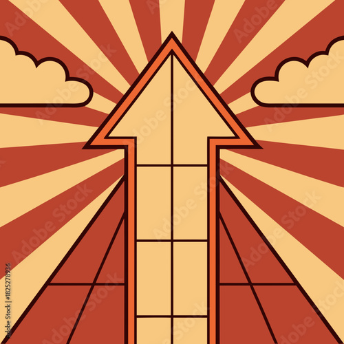 Ascending Aspirations: A striking graphic portrays a bold upward arrow, symbolizing ambition and progress, set against a backdrop of stylized sunbursts, with clouds accenting the scene.