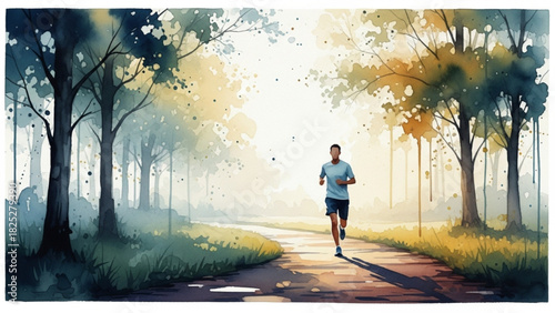 Watercolor Jogger on Morning Path with Abstract Trees and Soft Movement Strokes