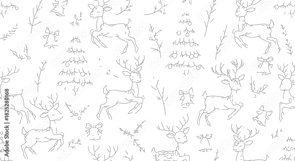 Fototapeta premium Hand Drawn Sketchy Christmas Deer and Pine Trees Seamless Pattern.