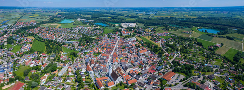 Aerial panorama view of the old town and city Höchstädt an der Donau in Germany, Bavaria on a sunny noon spring day