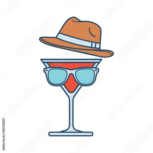 Martini Glass with Fedora Hat and Sunglasses  Vector illustration.eps