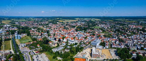 Aerial view of the old town and city Aichach, in Germany, Bavaria on a sunny noon spring day