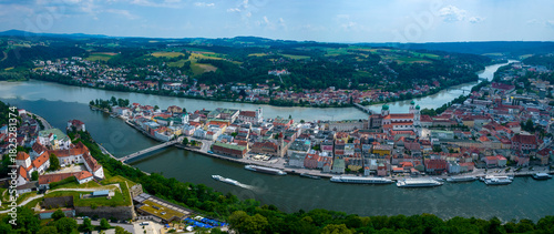 Aerial view of the old town and city Passau in Germany, Bavaria on a sunny noon spring day