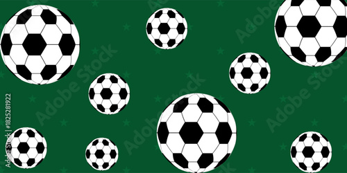 Soccer Ball Seamless Pattern. Soccer balls over green field. Seamless background. Vector illustration